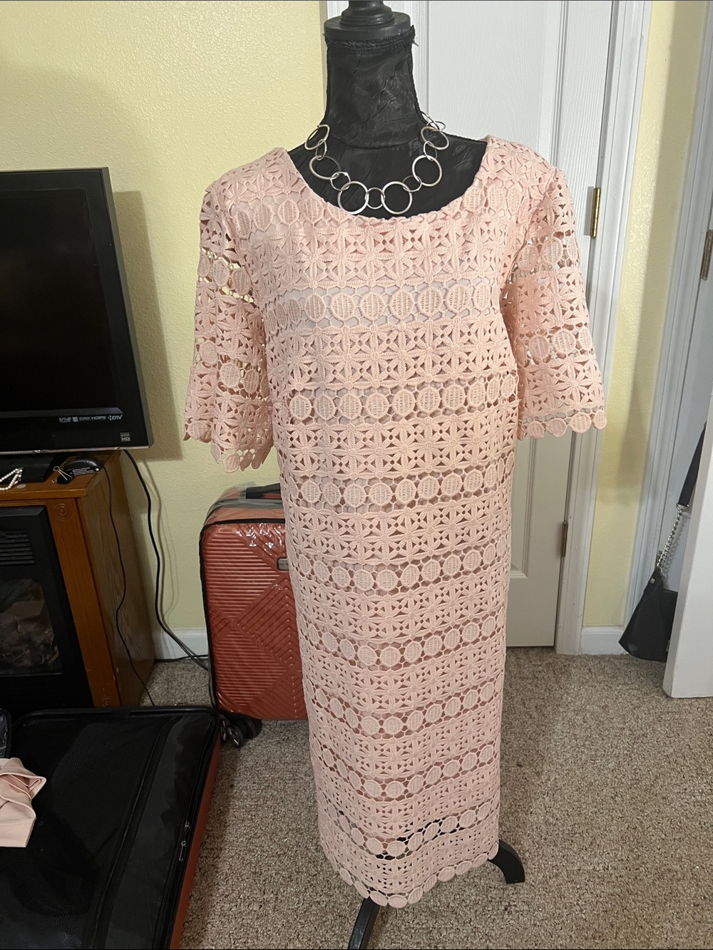 Sandra Darren Blush Crochet Lace Midi Dress
